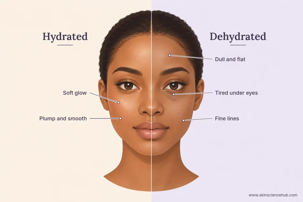 Hydrated vs dehydrated skin on the face, showing glow and plumpness compared with dullness and fine lines