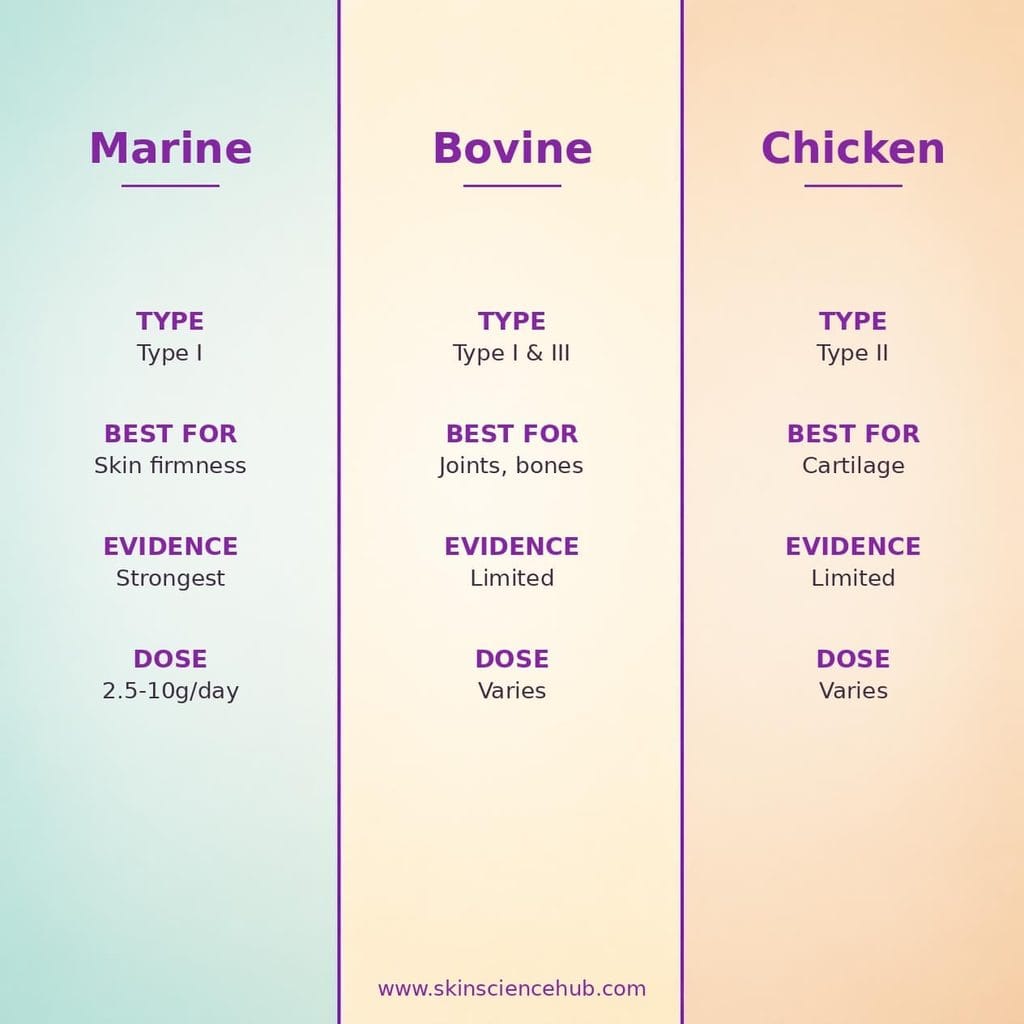 Comparison chart of marine, bovine, and chicken collagen, showing collagen type, best use, evidence strength, and recommended dose for each