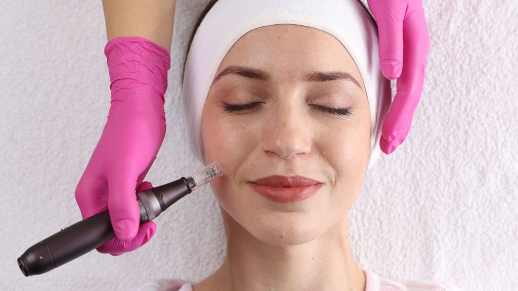 Dermatologist performing professional microneedling treatment on a patient's cheek