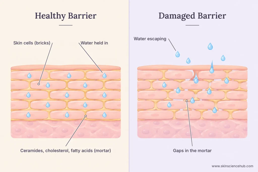 Diagram of a healthy skin barrier holding water compared with a damaged barrier losing water through gaps between skin cells