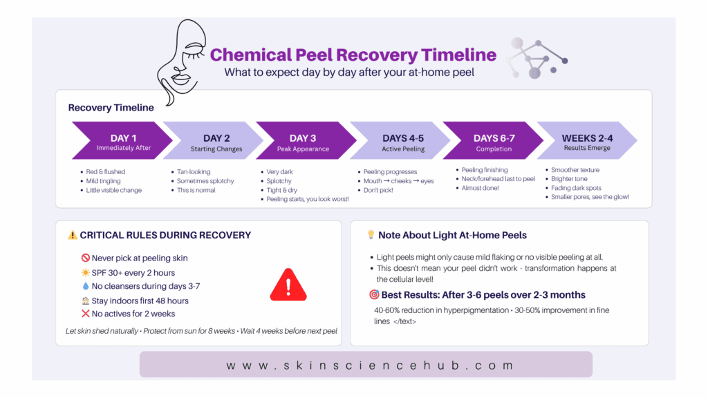 Chemical peel recovery timeline showing day-by-day skin changes