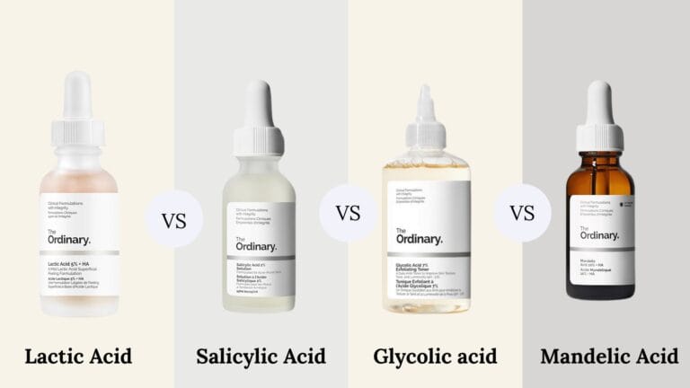 Four exfoliating serums compared: glycolic acid, lactic acid, mandelic acid, and BHA salicylic acid bottles
