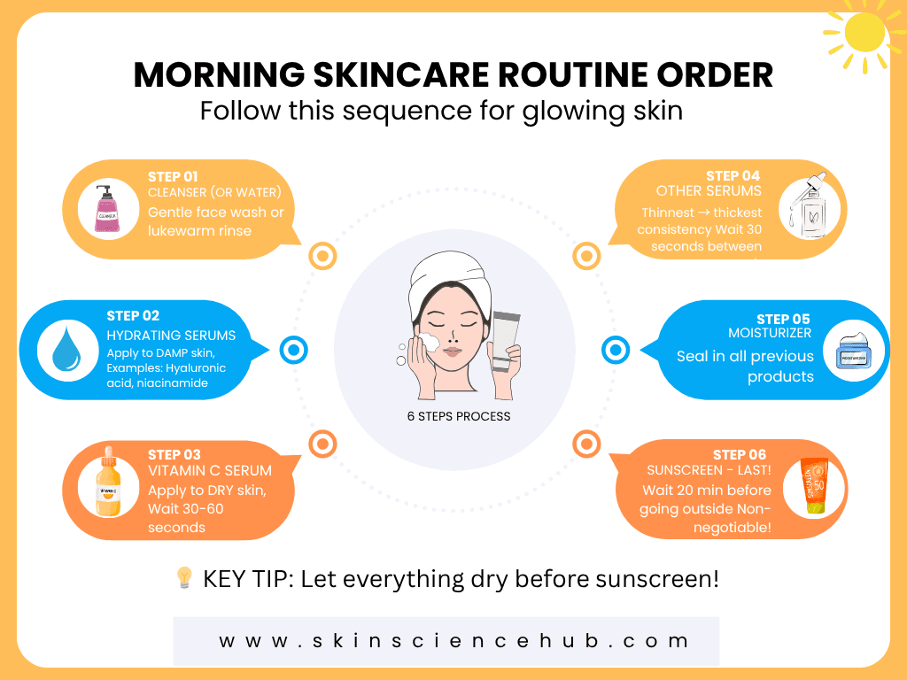 Step-by-step morning skincare layering order from cleanser to sunscreen