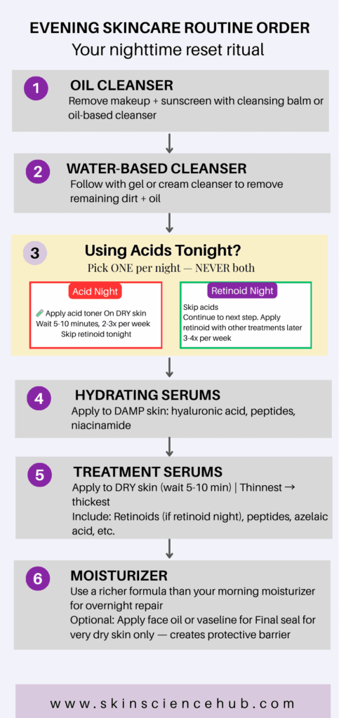 Step-by-step evening skincare routine order including retinoids and acids