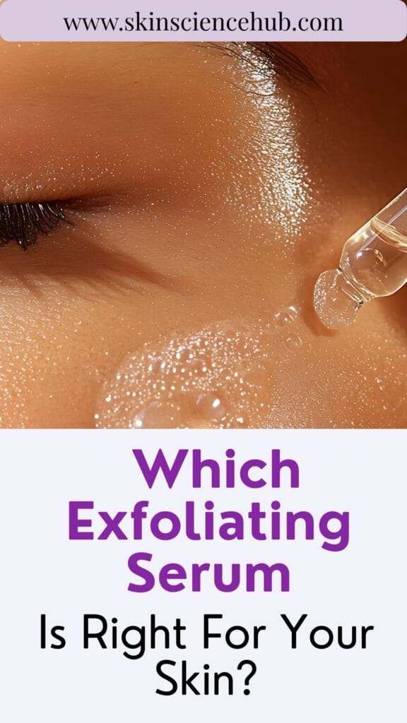 Four exfoliating serums compared: glycolic acid, lactic acid, mandelic acid, and BHA salicylic acid bottles