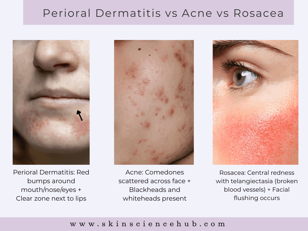 Clinical photo comparison showing perioral dermatitis with red bumps and clear zone around mouth, acne with comedones scattered across cheek, and rosacea with central facial redness and visible blood vessels