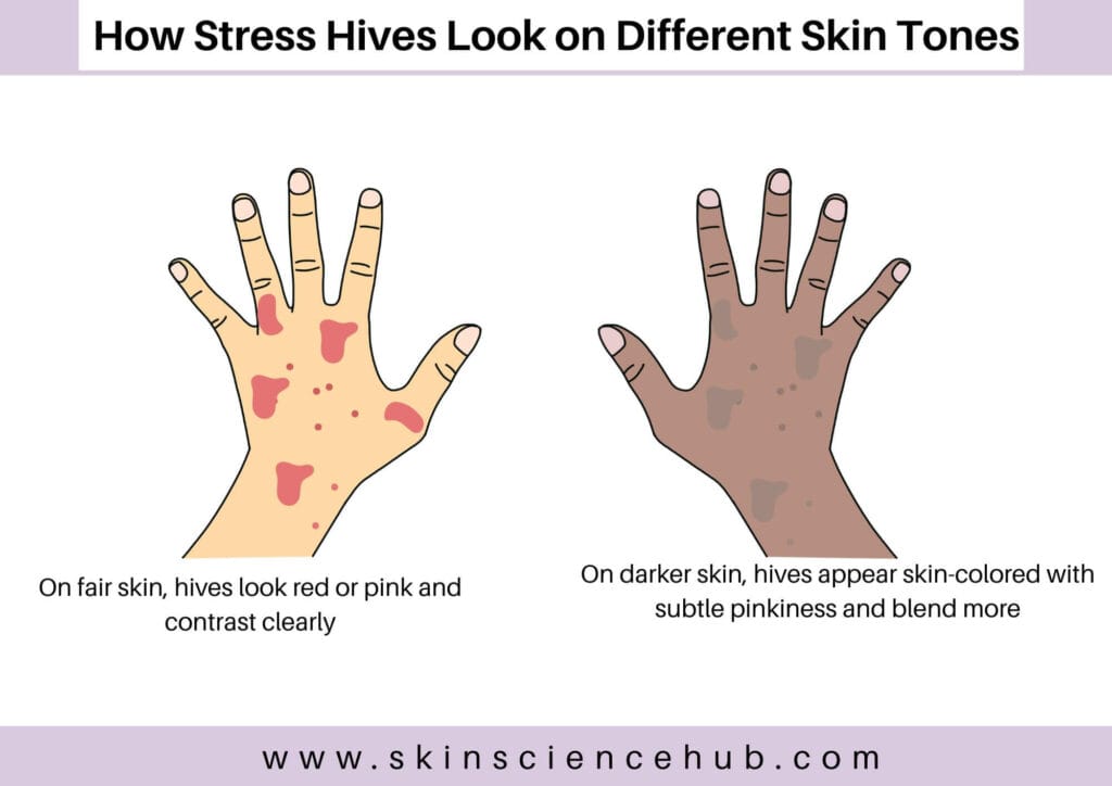 Comparison showing stress hives on fair and dark skin tones with blanching test demonstration