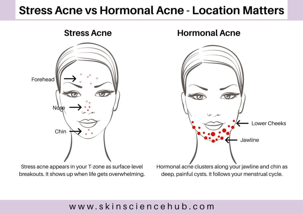 Comparison diagram showing stress acne location in T-zone versus hormonal acne location on jawline and chin