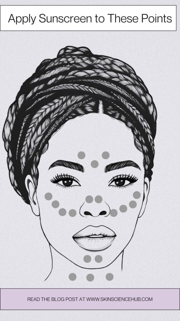 Sunscreen dot application technique showing placement points on dark skin for even coverage without white cast