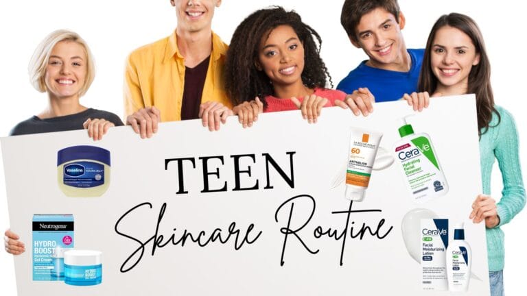 Teen skincare routine showing three essential products: cleanser, moisturizer, and sunscreen on white background