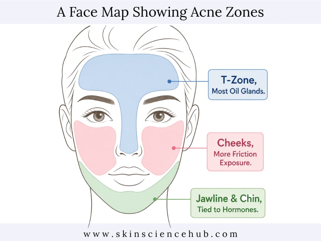 Face map diagram showing acne zones, T-zone with the most oil glands, cheeks with more friction exposure, and jawline and chin tied to hormonal acne
