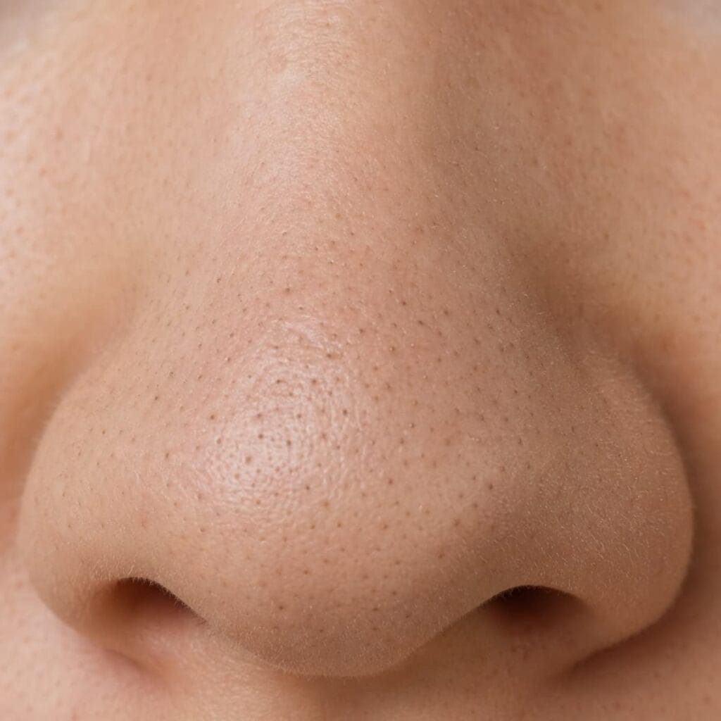 Blackhead on fair skin, a dark clogged pore caused by oxidized melanin