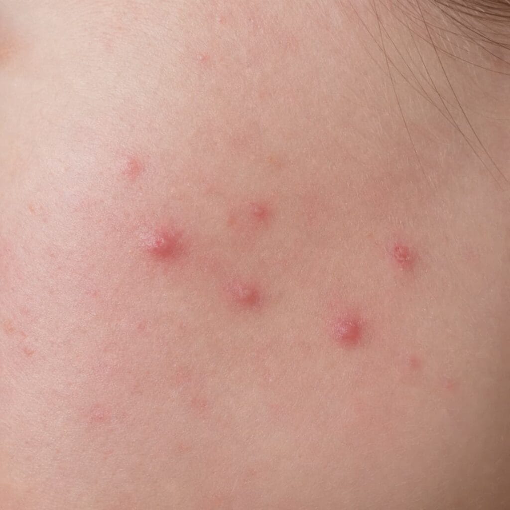 Acne papule on fair skin, a red inflamed bump with no visible center
