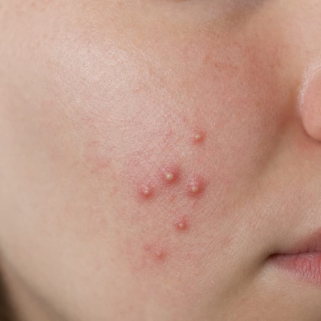 Acne pustule on fair skin, an inflamed bump with a white pus-filled center