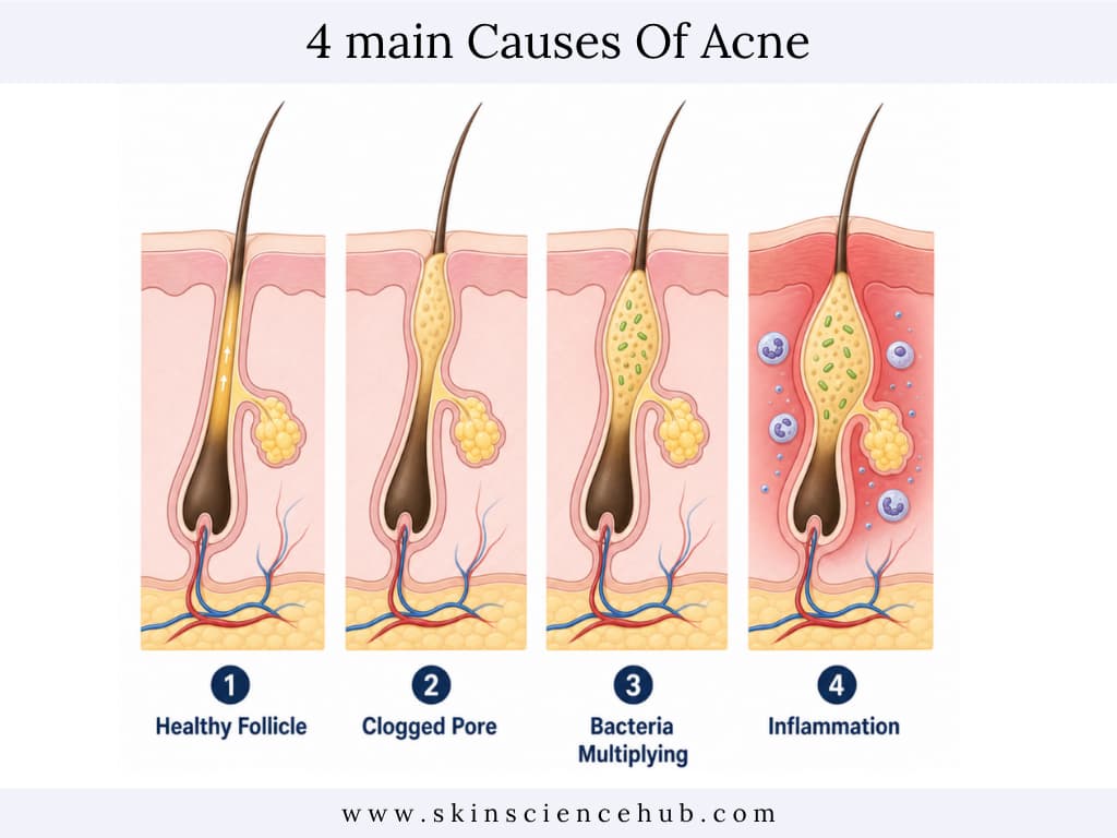 Diagram showing four stages of acne formation in a hair follicle, healthy follicle, clogged pore, bacteria multiplying, and inflammation