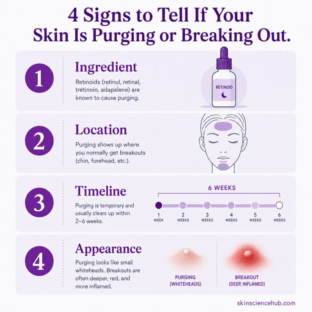 Infographic showing 4 signs to tell if your skin is purging or breaking out: ingredient added, location of spots, timeline, and appearance