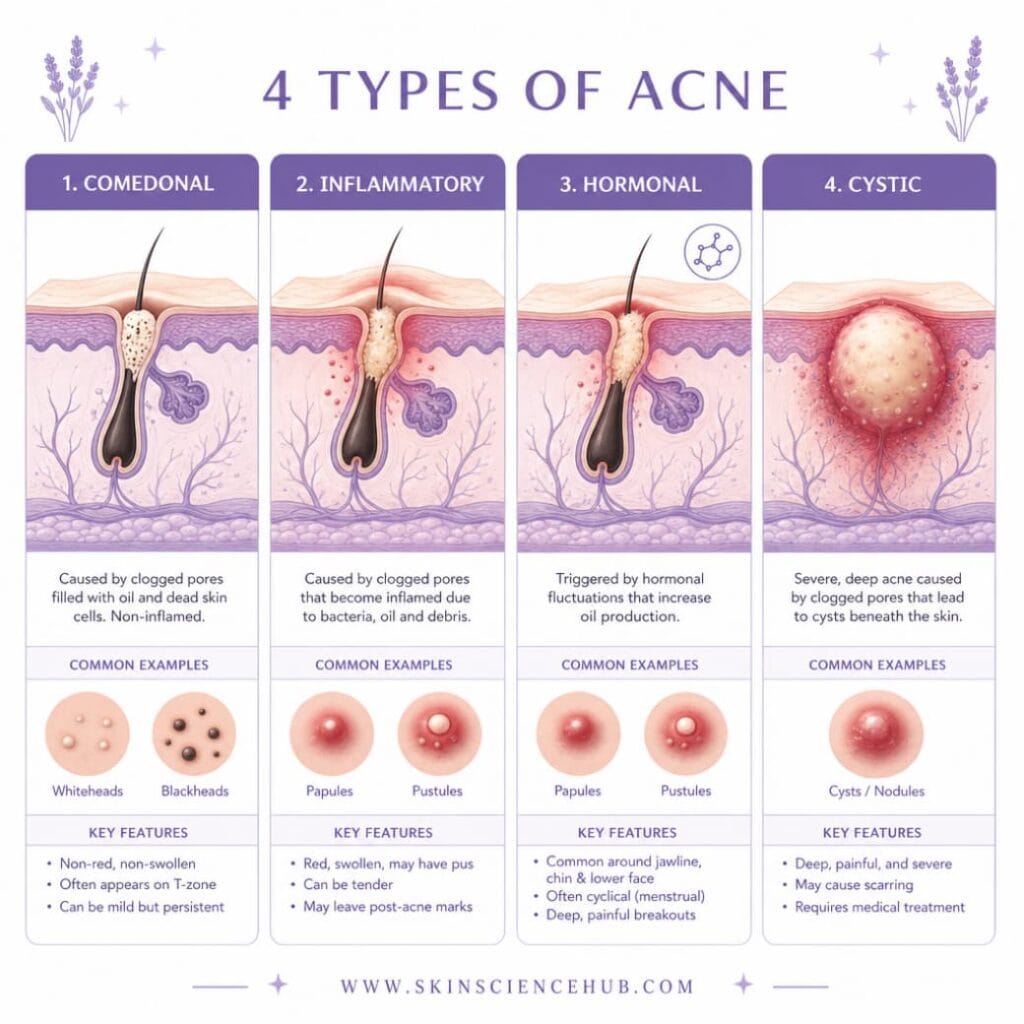 Illustrated guide to the four types of acne retinol works for, comedonal, inflammatory, hormonal, and cystic
