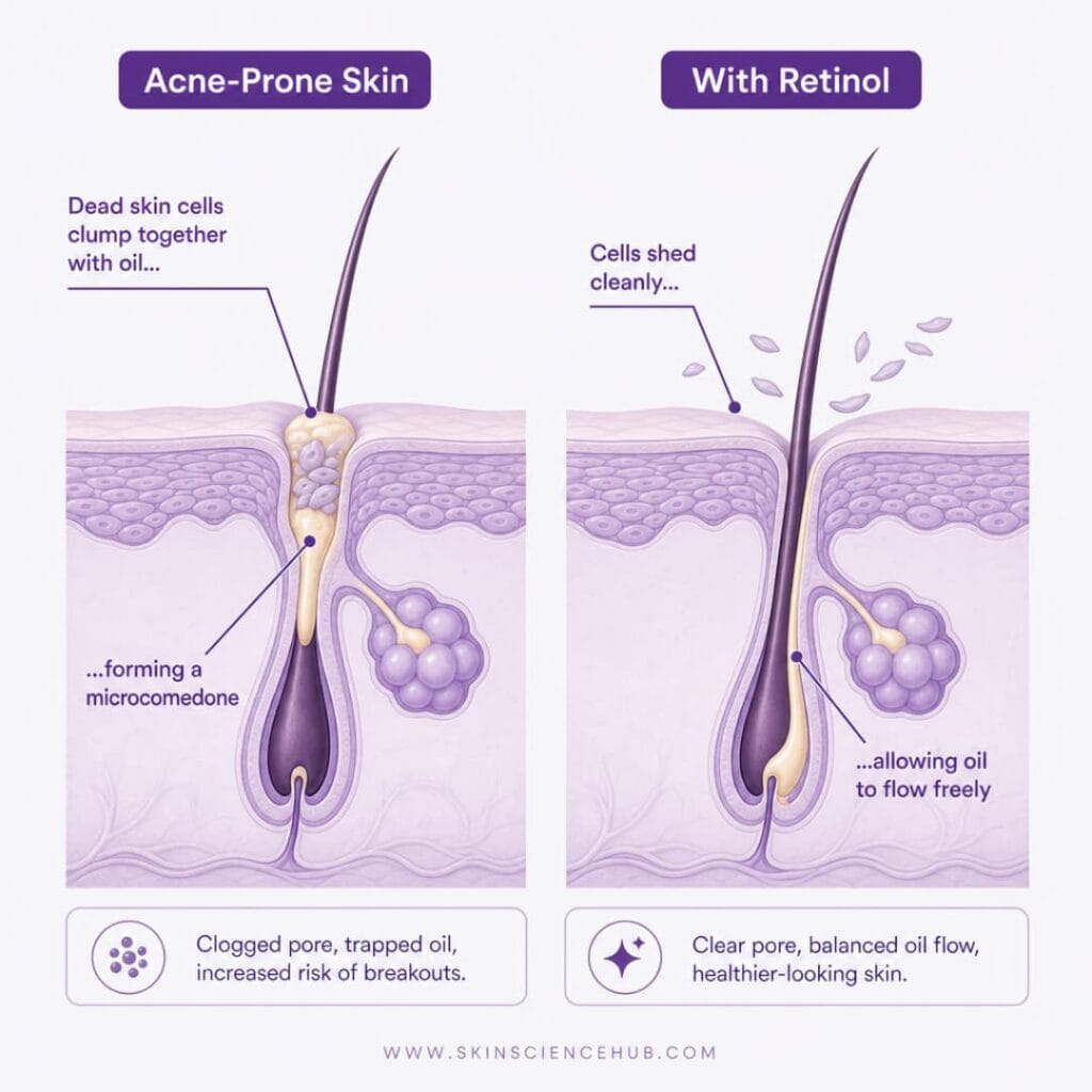 Diagram showing how retinol normalizes cell turnover inside a clogged follicle to clear acne