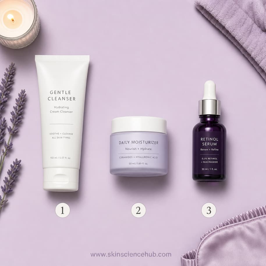 Nighttime skincare routine showing moisturizer applied before retinol for acne to reduce irritation