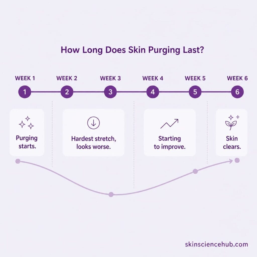 Skin purging timeline graphic showing weeks 1 to 6, with skin getting worse around weeks 2 and 3 before clearing by week 6