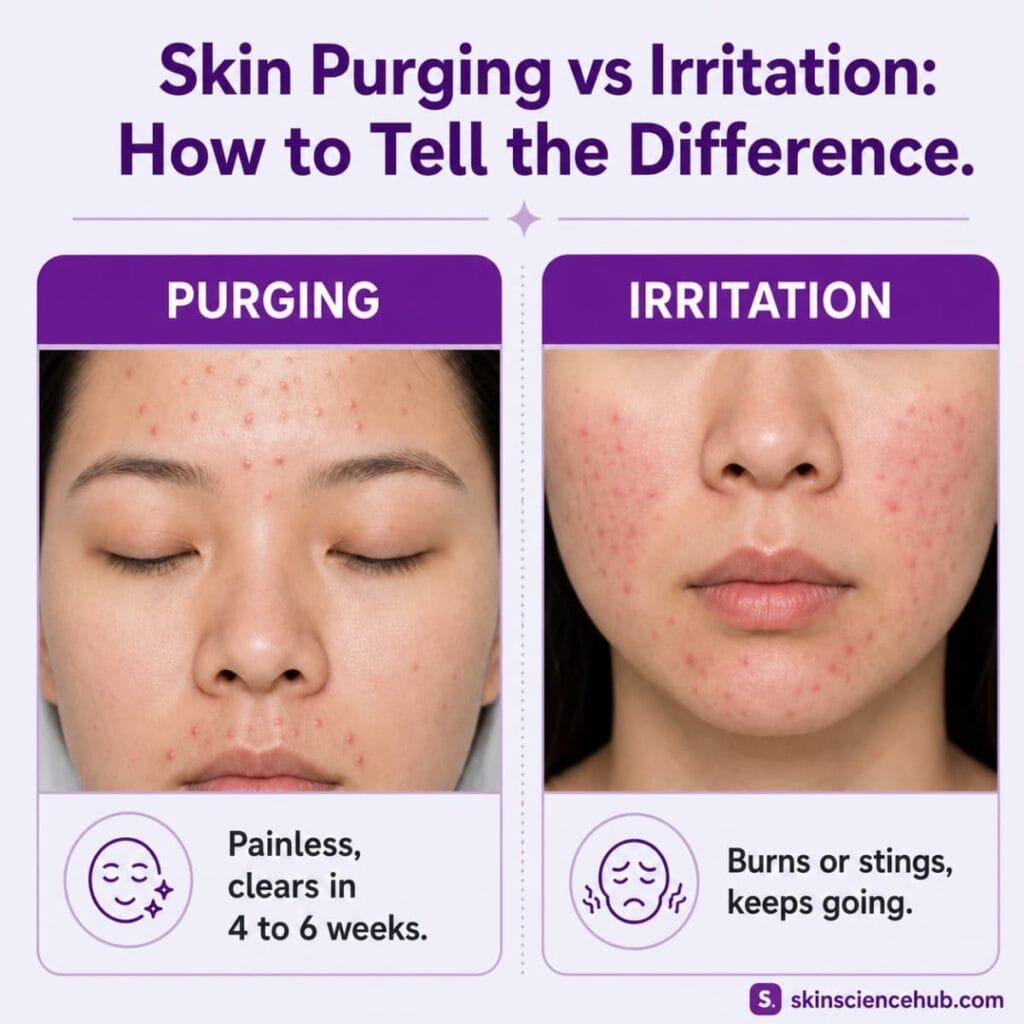 Skin purging vs irritation comparison showing comedones clustered in acne-prone areas versus scattered red bumps from product irritation