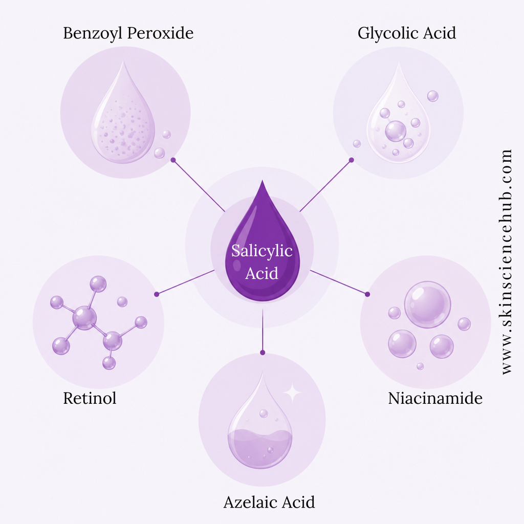 Diagram comparing salicylic acid with azelaic acid, benzoyl peroxide, glycolic acid, niacinamide, and retinol.