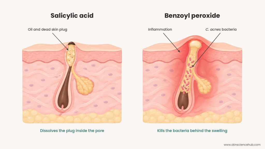 Diagram of a clogged pore treated by salicylic acid and an inflamed pore treated by benzoyl peroxide