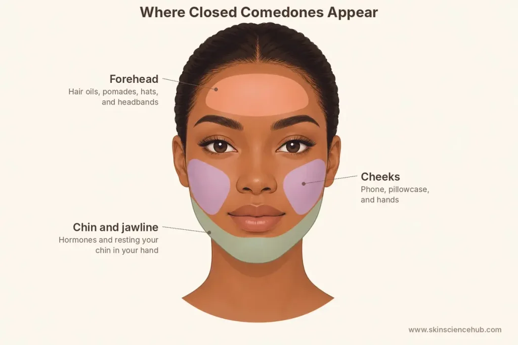 Face map showing common causes of closed comedones on the forehead, chin and jawline, and cheeks
