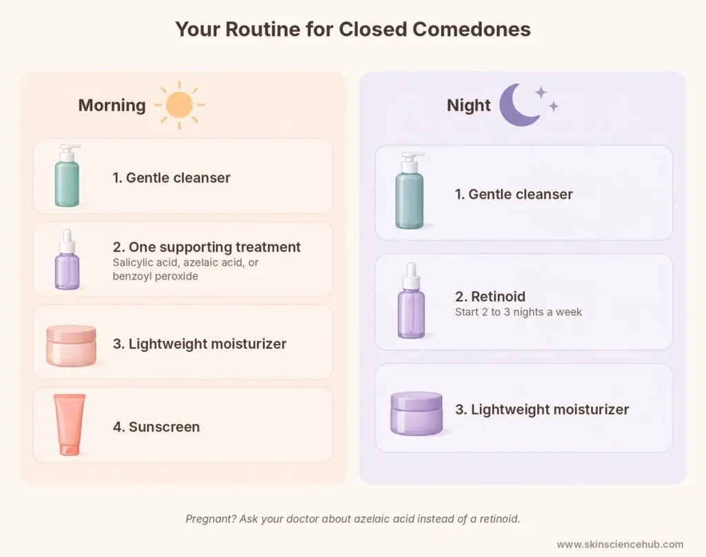 Morning and night skincare routine for closed comedones, with a retinoid at night and one supporting treatment in the morning