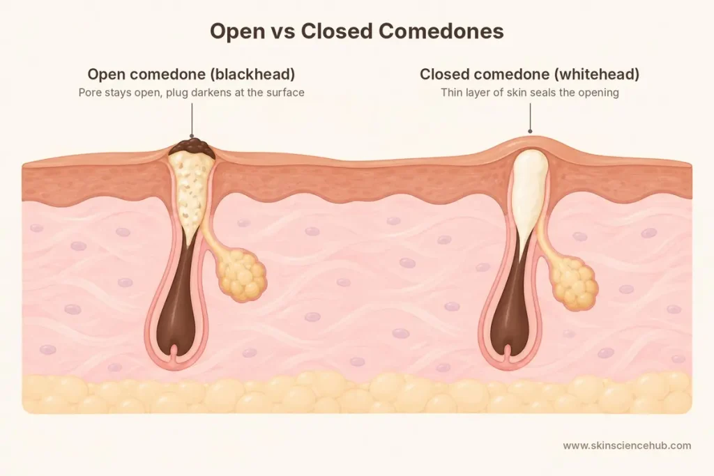 Diagram comparing an open comedone with a dark plug at the surface and a closed comedone sealed under a thin layer of skin