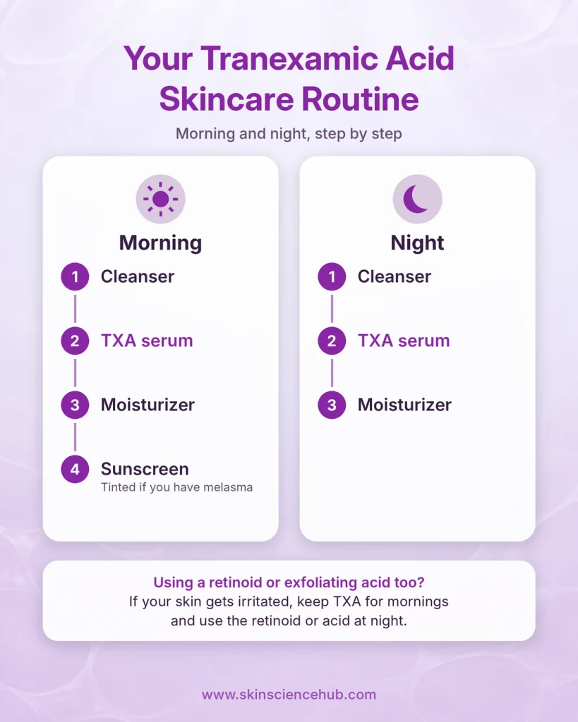 Morning and night skincare routine with tranexamic acid serum and retinol